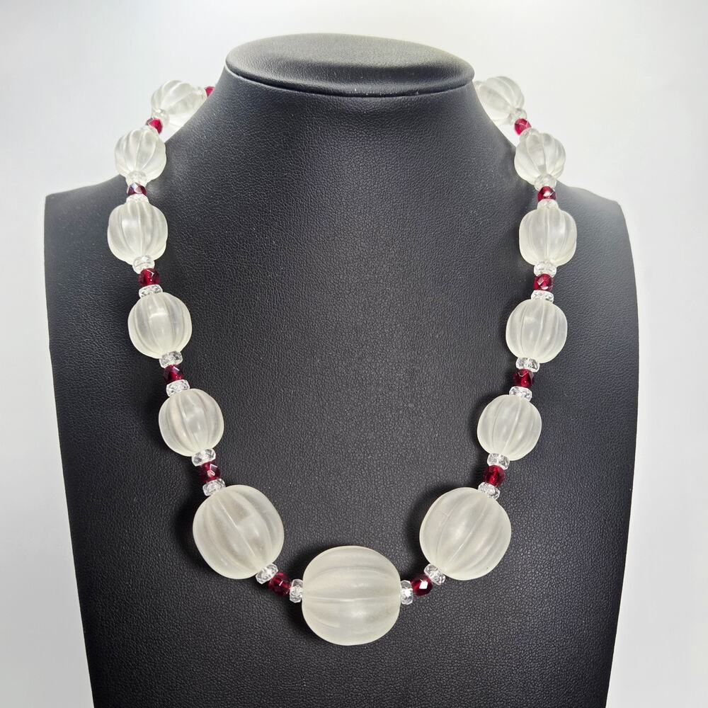 Frosted Fluted Vintage Lucite Graduated Beads Necklace Red & Clear Crystals 16"